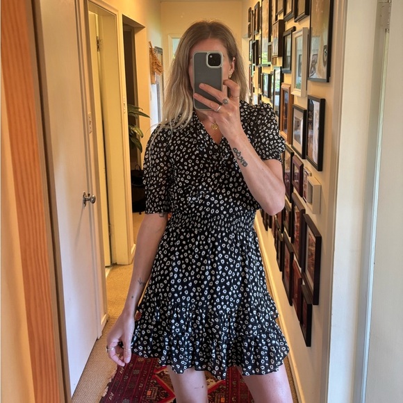 Black White Polka Micro Dot Leopard Print Ruffle Puff Sleeve Mini Boho Dress - Picture 12 of 12